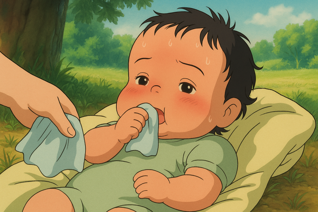 Baby heatstrock of a baby girl sweating in the heat while sucking on a small wet towel to stay cool.