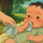 Studio Ghibli–style illustration of a baby girl sweating in the heat while sucking on a small wet towel to stay cool.