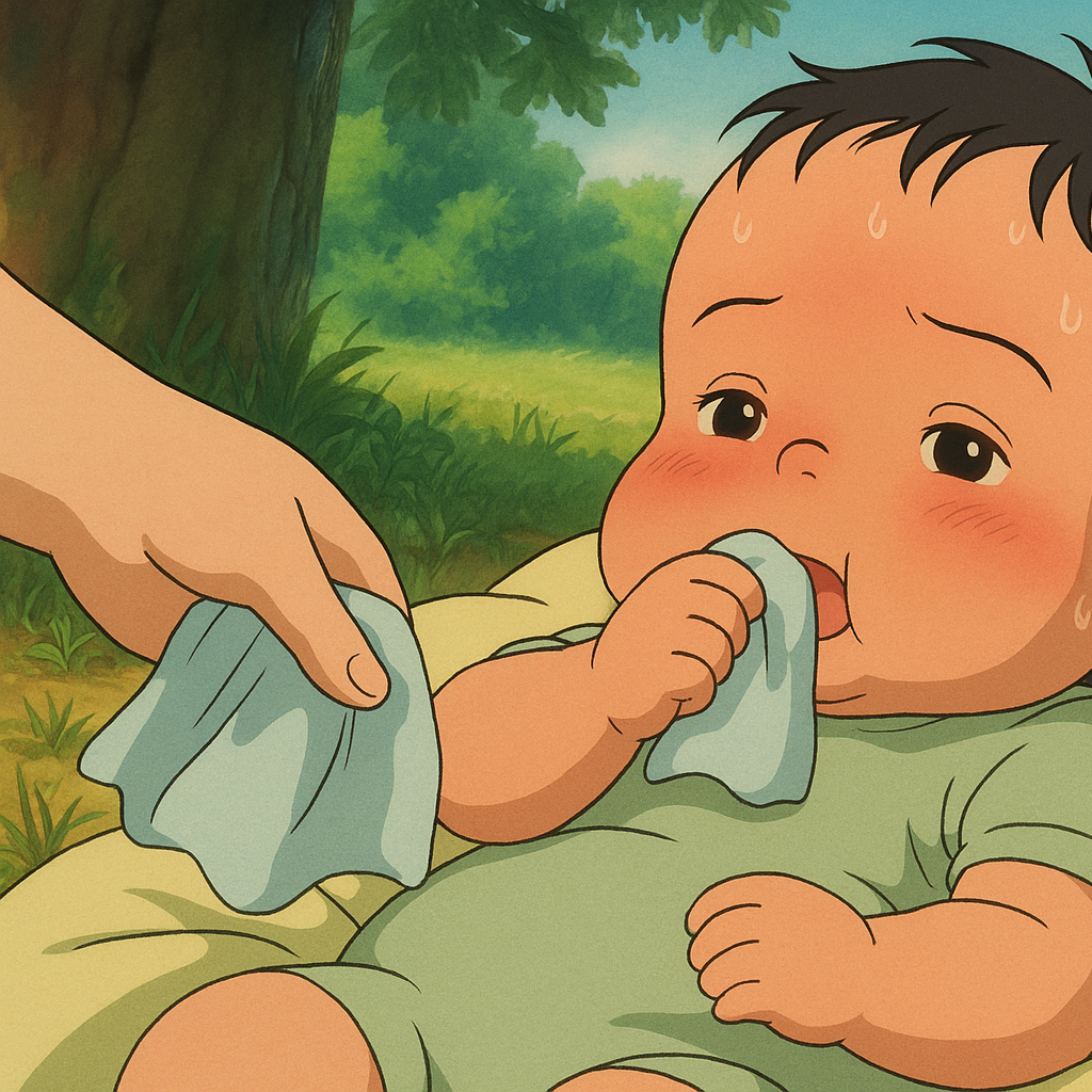Studio Ghibli–style illustration of a baby girl sweating in the heat while sucking on a small wet towel to stay cool.