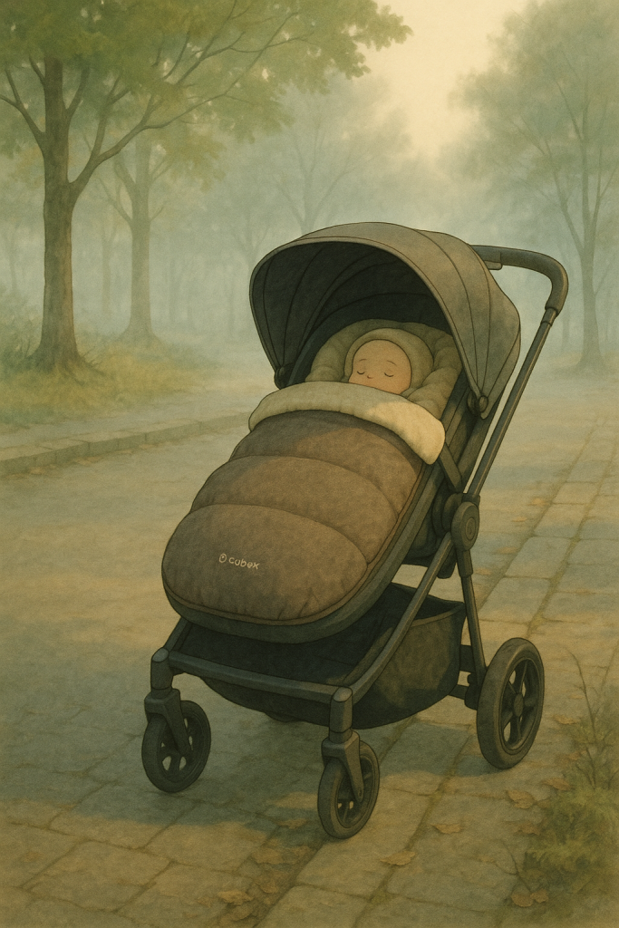 Pushchair with footmuff during a cold morning walk.